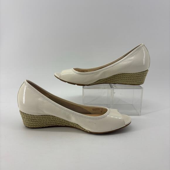 Cole Haan Air Tali Peep Toe Wedge Ivory Patent Leather Espadrille Sole - Picture 6 of 15
